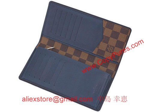 ルイヴィトン財布ヴィトンダミエN63168メンズ長財布ファスナー長札　ポルトフォイユ・ブラザ　ダミエ・エベヌ　ブルーキャンバス 